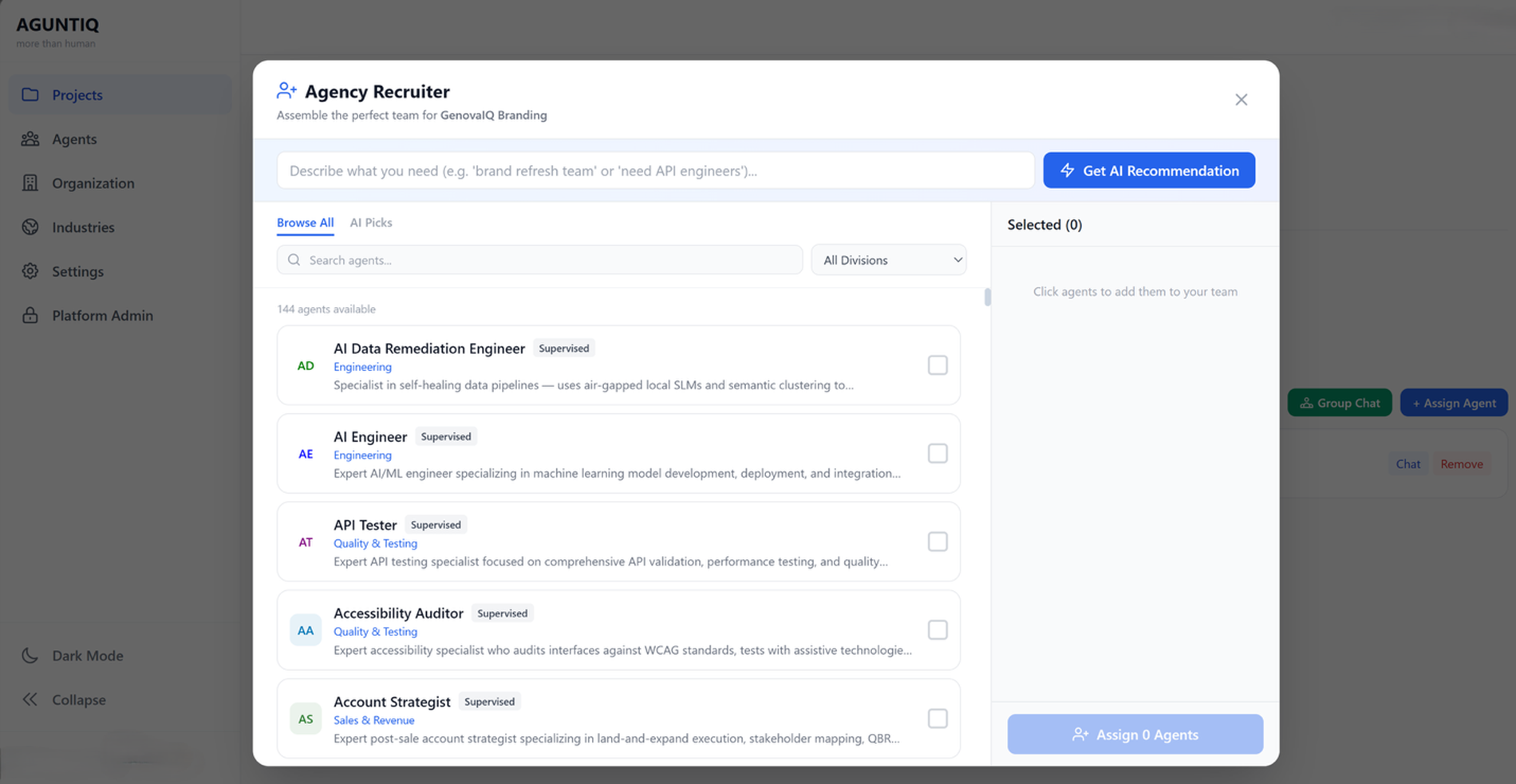 AguntIQ Agency Recruiter — natural-language team building from the agent catalog